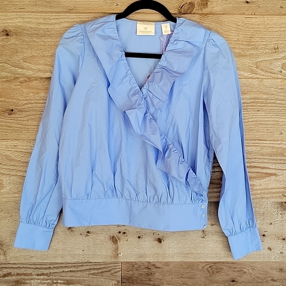 SCOTCH & SODA Size 14 Blue Organic Cotton Ruffle Wrap Top